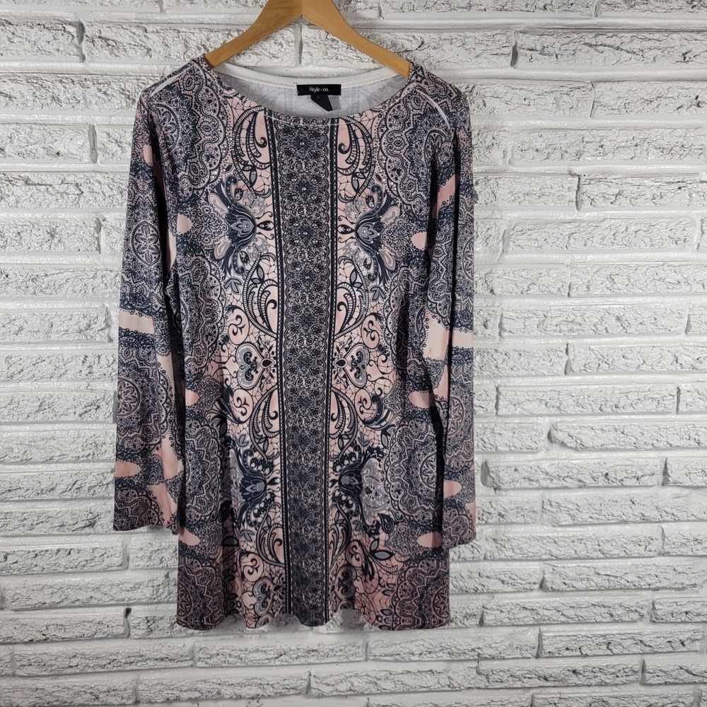 Style & Co XL Tunic Top Geometric Rhinestone Knit Blouse Long Sleeve Casual
